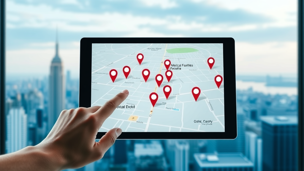 A digital map interface displays local medical practices and healthcare providers highlighted for local search results using local SEO strategies.