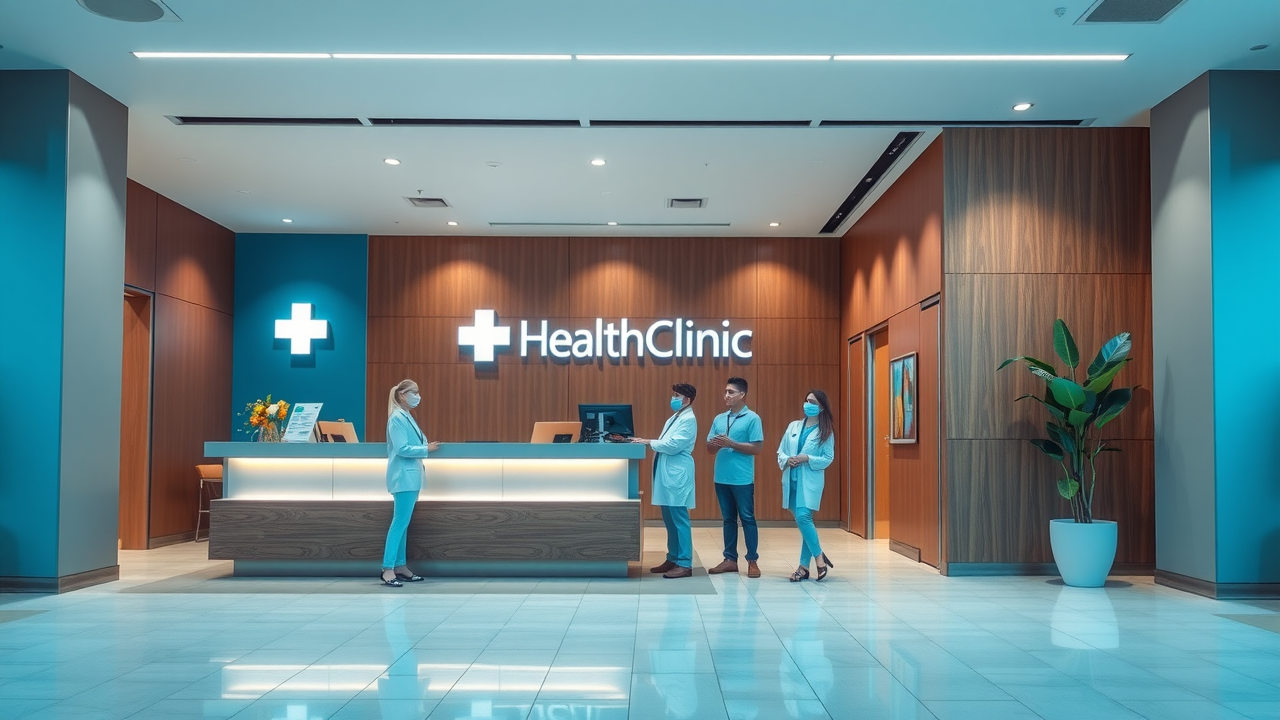 Healthcare brand visuals clinic lobby with staff welcoming patients, modern branded elements, calm blues and greens