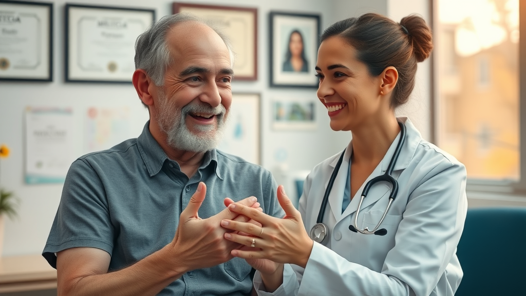 Happy patient and provider sharing a successful recovery story for content marketing for medical practices, in a detailed clinic setting