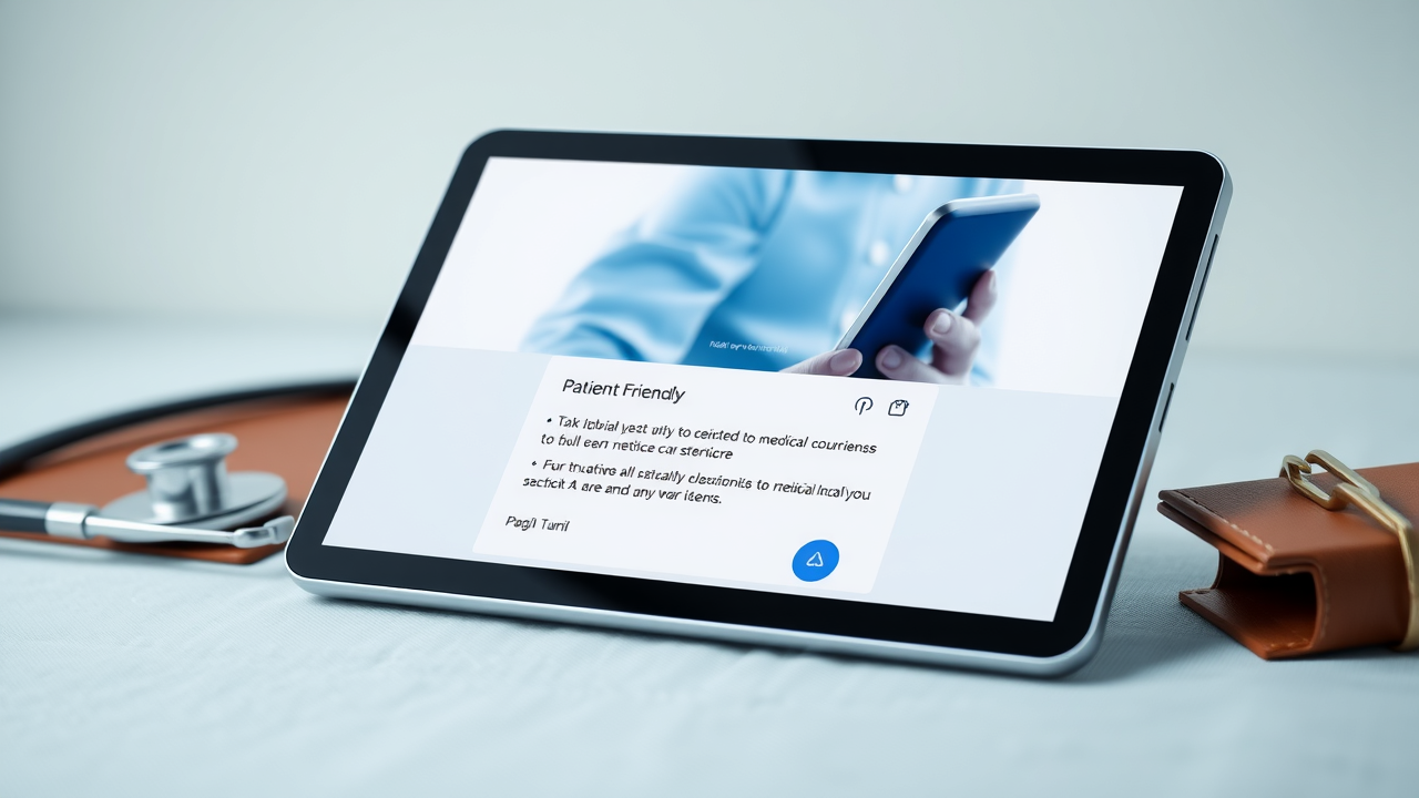 Tablet showing a responsive email design for a medical concierge service, with patient-friendly icons and soft blue and white tones.