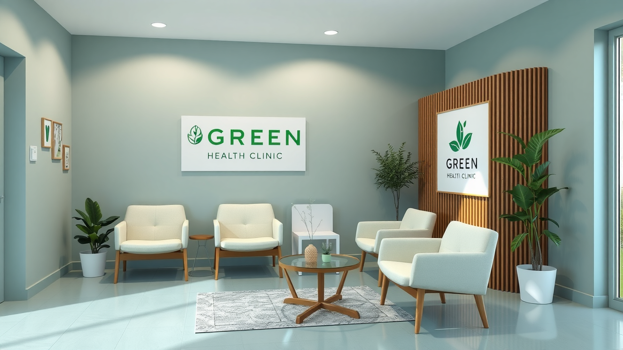 Waiting room of a small healthcare clinic featuring calming color palette, branded signage