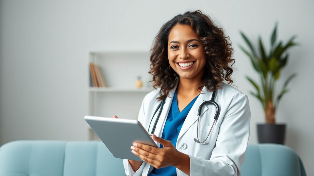 A happy latina female doctor hosting a live Q&A session on social media