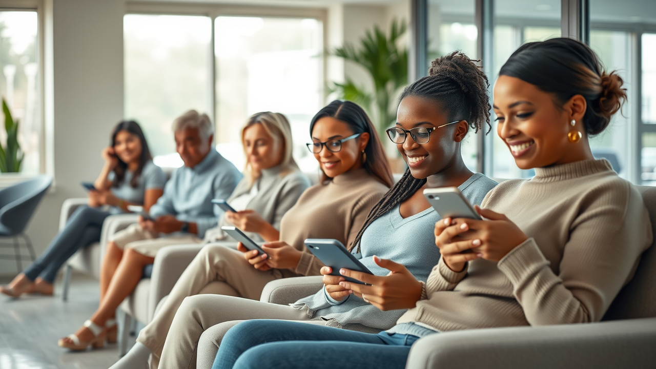A peaceful waiting room scene where patients are shown reading emails from the practice on their mobile devices
