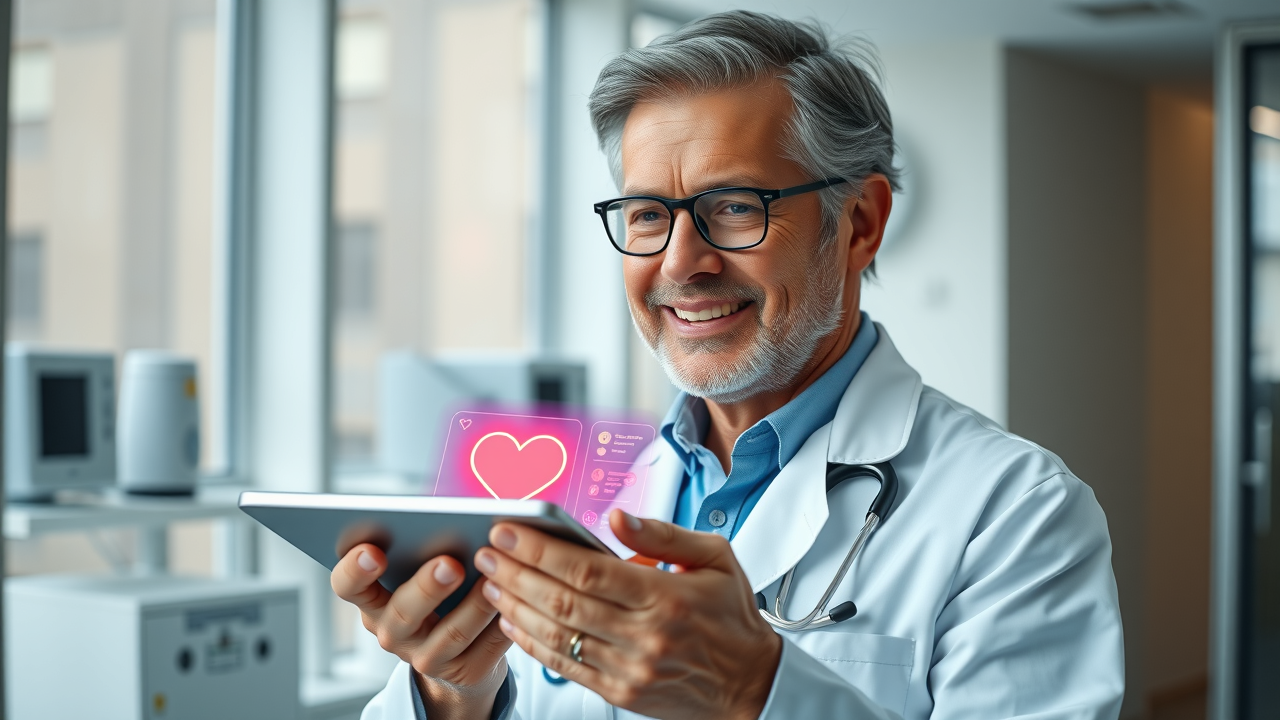 Doctor holding a tablet displaying patient communication tools, with friendly medical icons like heartbeats, chat bubbles, and appointment reminders