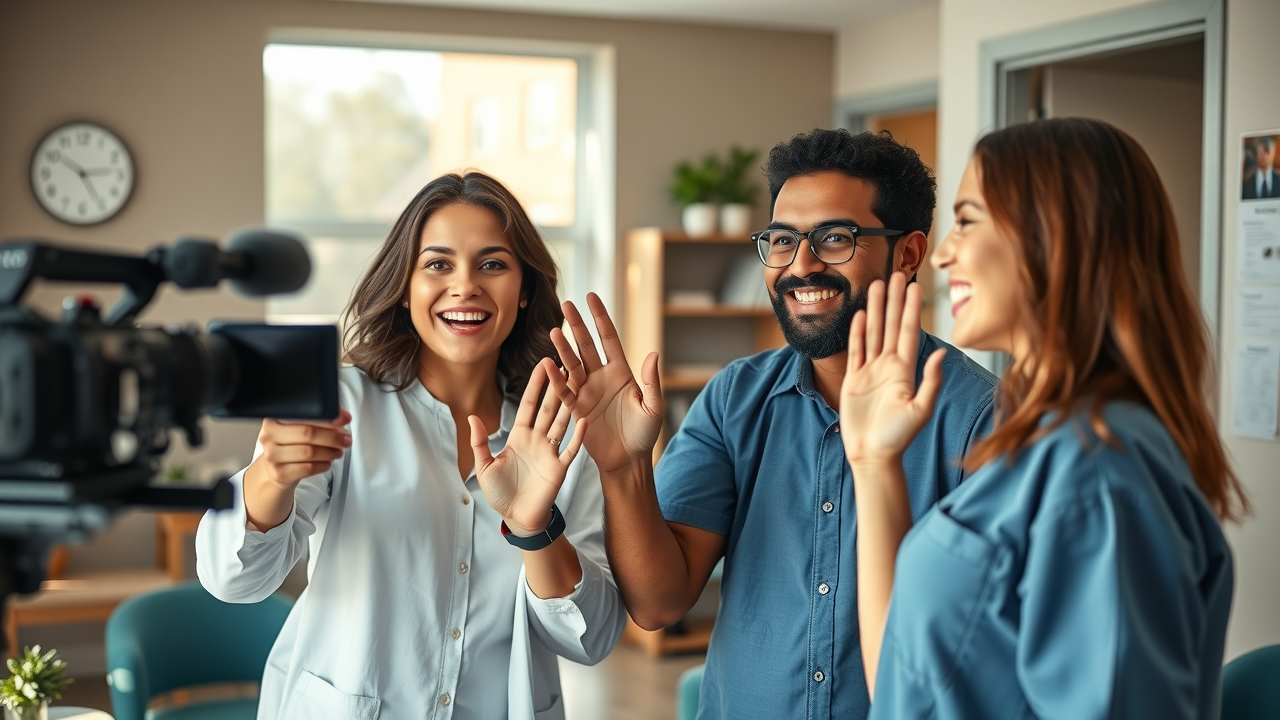 Local health influencer collaborating with clinic staff to record a friendly, professional social media video promoting interactive healthcare messaging.