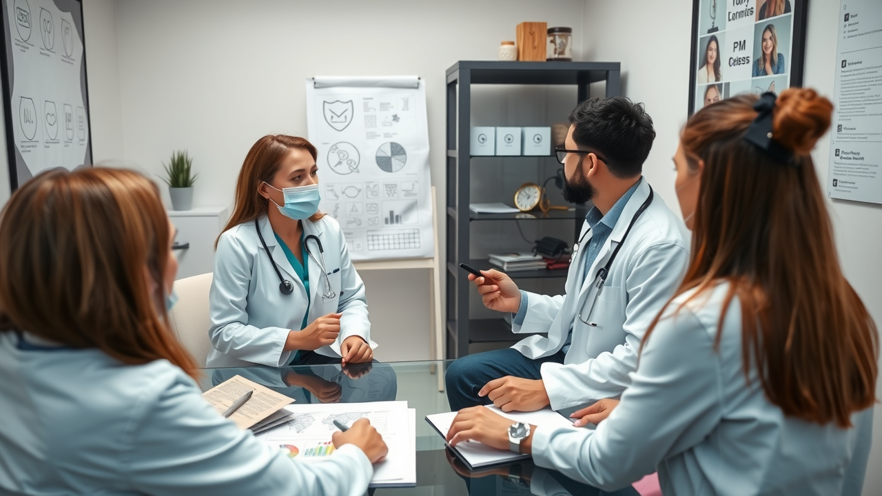 Brand strategy meeting in a small medical office with a doctor and team brainstorming values, logo sketches, and tone of voice ideas