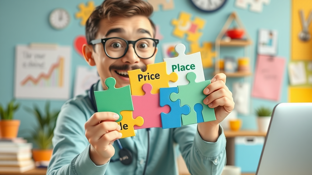 Healthcare marketer arranging product, price, place, promotion, people puzzle pieces as part of marketing strategy