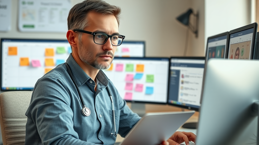 Healthcare marketing manager organizing a content calendar for social media strategy