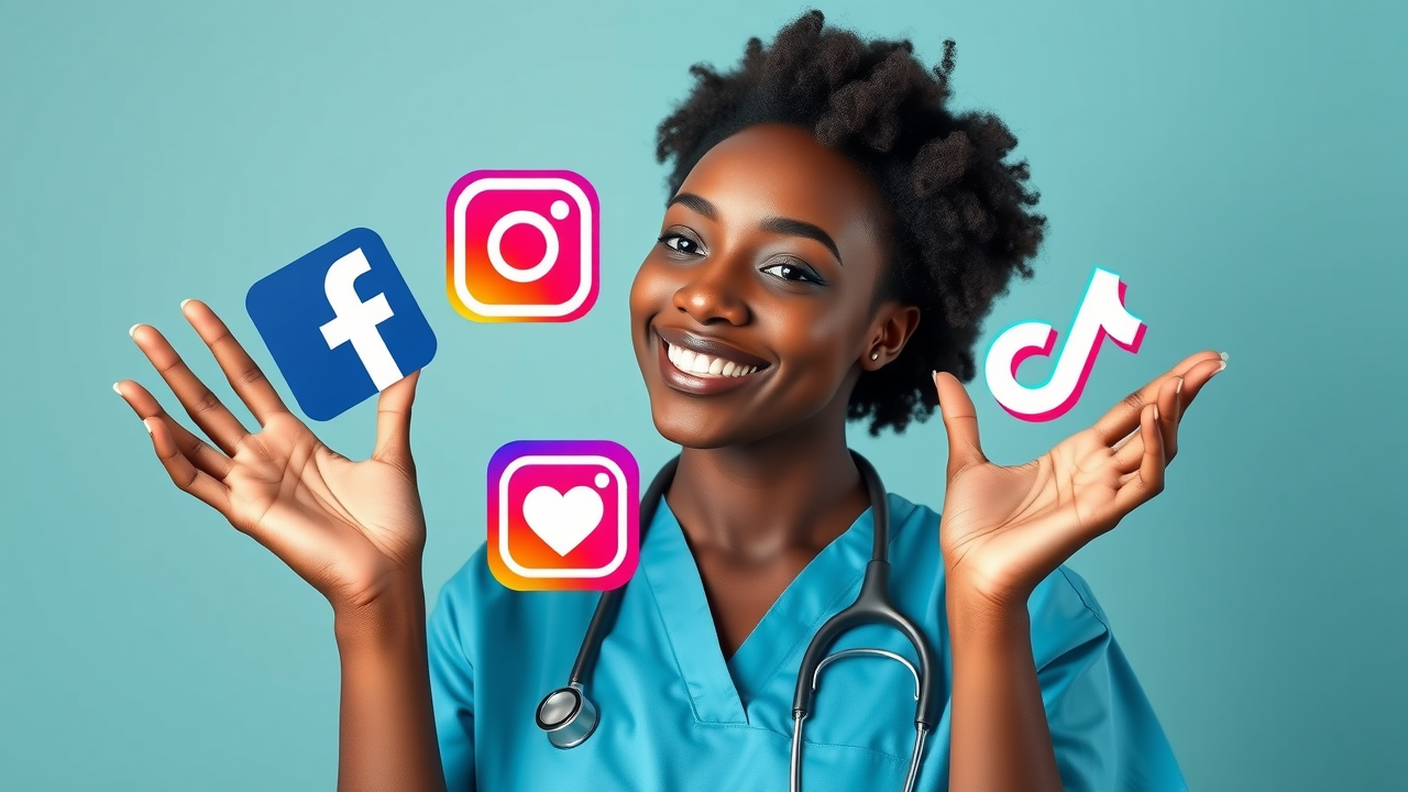 A friendly female healthcare nurse juggling logos of Facebook, Instagram, and TikTok. Fix the fingers and remove the stethoscope