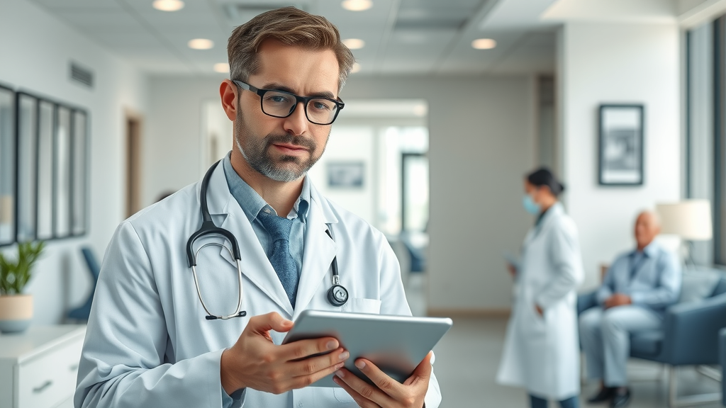 professional concierge doctor in an upscale modern medical office interacting with a digital tablet, seo for concierge doctors, elegant clinical background