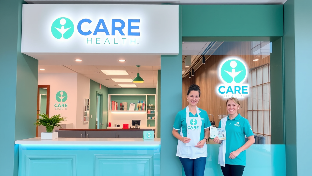Modern healthcare clinic with cohesive branding — matching colors, logo on signage, uniforms, and patient brochures, clean and welcoming environment