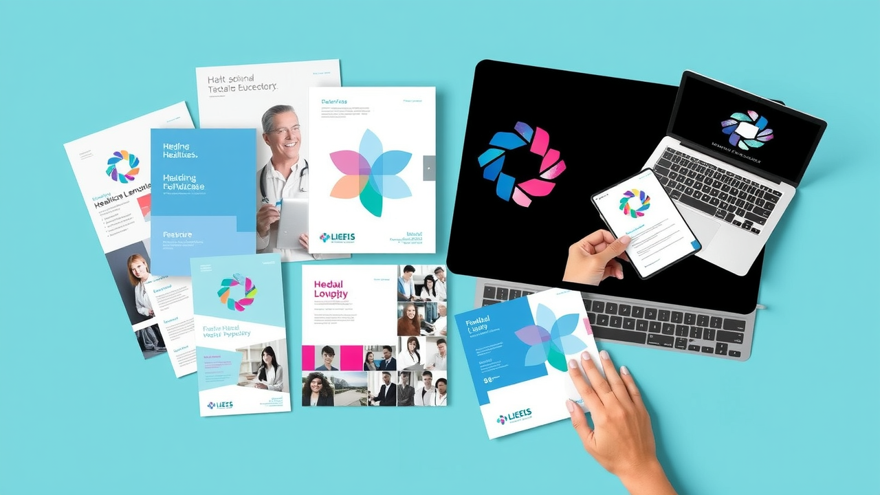 collage of print and digital healthcare branding materials, brochures and laptops.