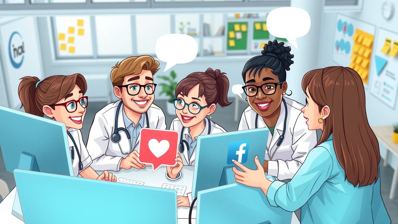 Healthcare social media team collaborating on digital content strategy for patient engagement