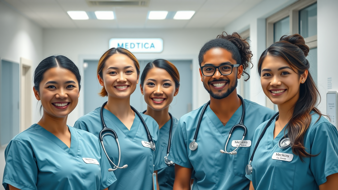 medical practice brand confident medical team in branded uniforms, interacting in clinic, strong brand identity, healthcare services