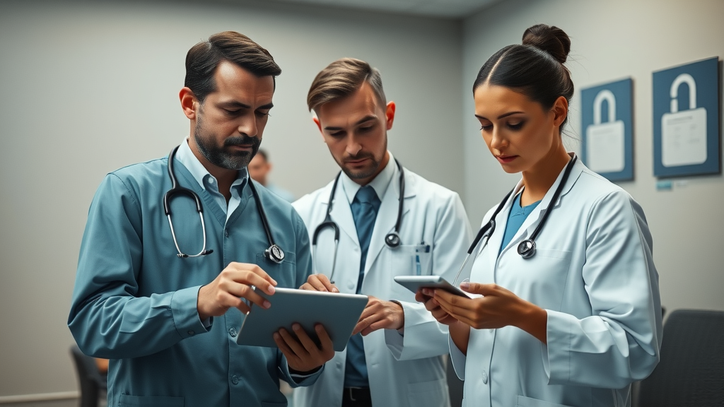 Medical team reviewing privacy policies on a tablet, ensuring compliance and trust in interactive social media content in a healthcare meeting room.