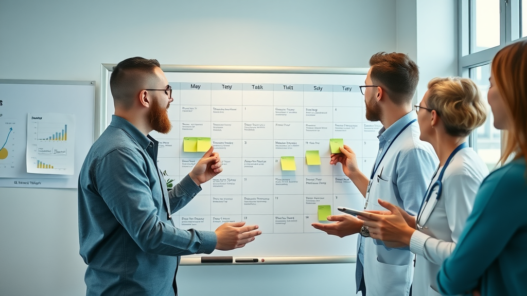 Healthcare marketing team planning digital strategy on whiteboard calendar