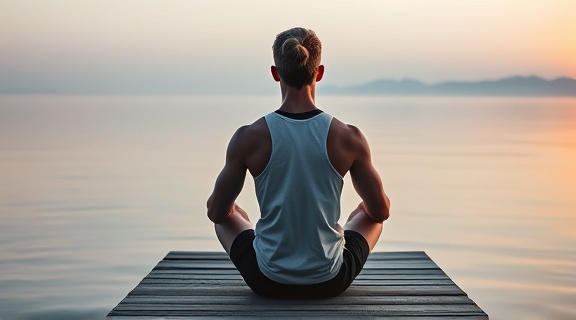 focused athlete, disciplined, engaging in meditation to reduce stress, photorealistic, on a serene lakeside dock at dawn, highly detailed, still water, Nikon Z6, monochromatic, early morning light, shot with a 24-70mm lens.