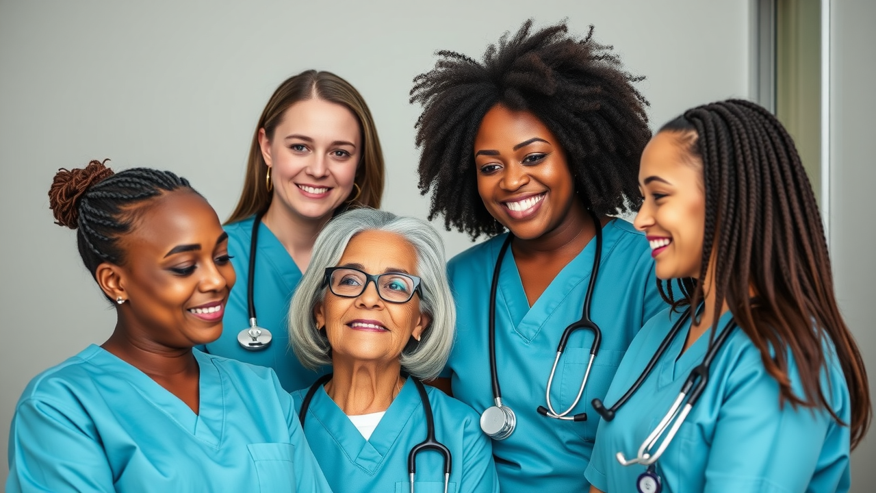 Inclusive healthcare team with compassionate expressions, community branding posters, Nikon 85mm