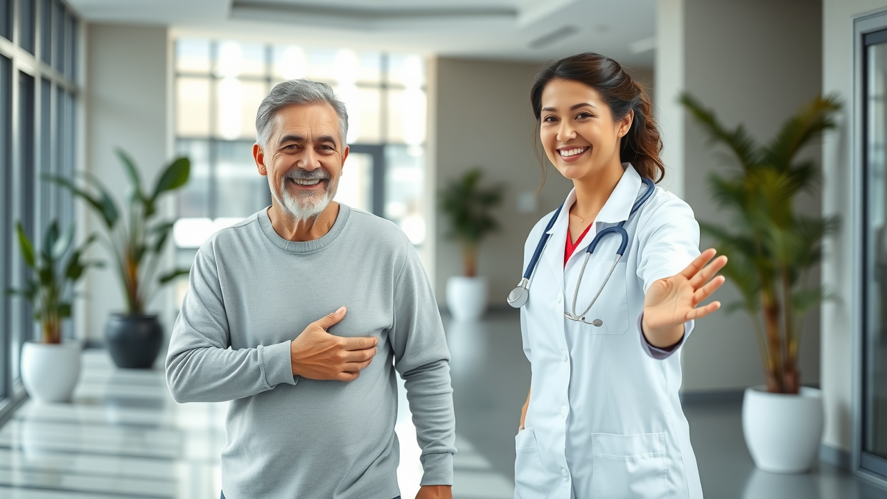Happy patient walking into a clinic, warmly greeted by a nurse, symbolizing successful patient reactivation