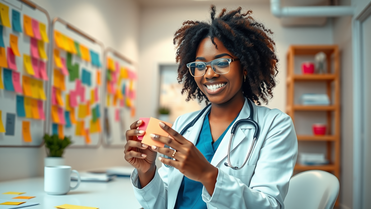 enthusiastic healthcare blogger brainstorming local SEO topics with sticky notes