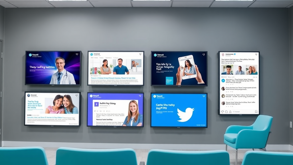 A clinic waiting room with digital screens displaying health tips, blog headlines, and social media posts – symbolizing in-practice content strategy.