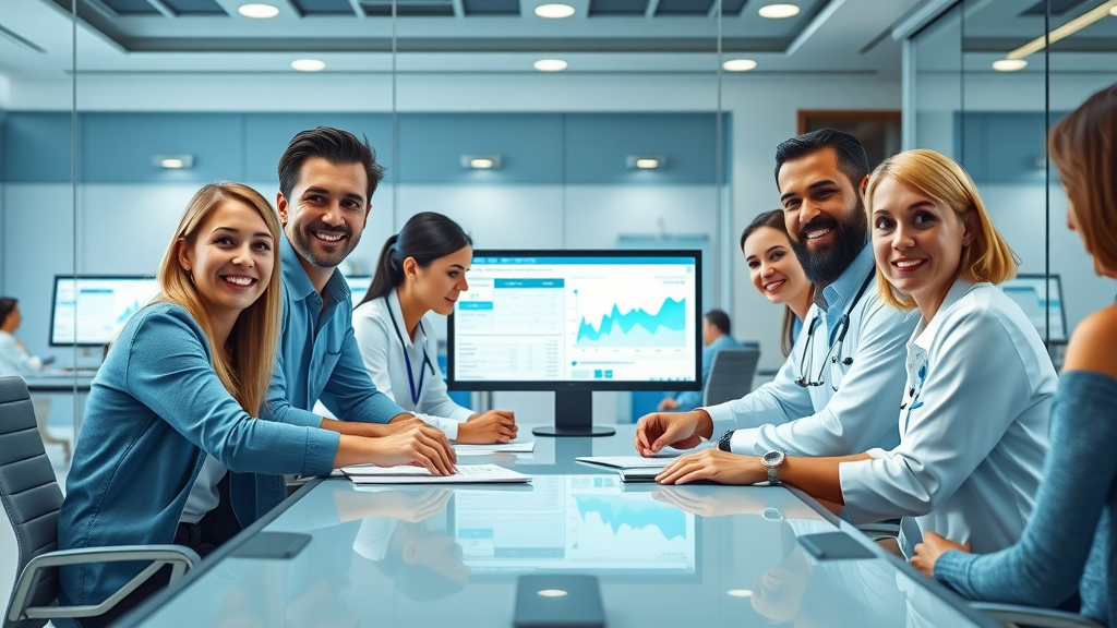 healthcare marketing team collaborating on digital marketing strategies in a modern medical office, patient acquisition digital marketing