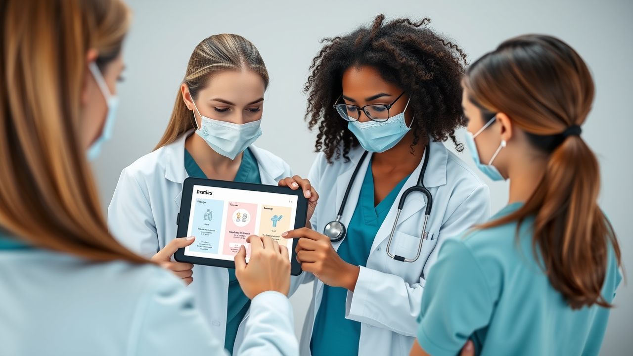 Medical team reviewing brand guidelines on a tablet—showing tone of voice, messaging pillars, and visual branding elements.