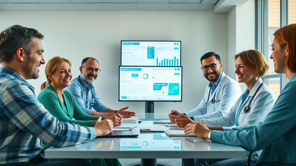 confident healthcare team discussing online marketing for medical practices strategy, collaboration in modern conference room