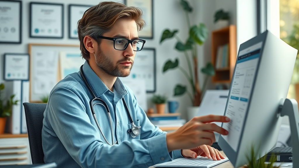 A healthcare administrator reviews local SEO FAQs on a computer, seeking advice on online presence and optimization tools for medical providers.