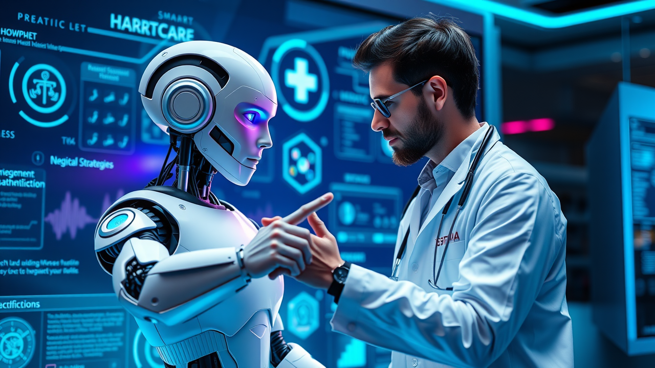 AI robot collaborating with healthcare marketer on future digital marketing strategies