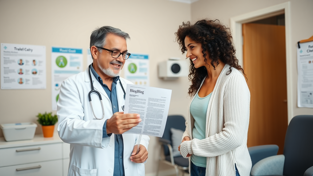 A trusted doctor handing a printed blog article to a female patient in a warm, welcoming exam room filled with educational posters