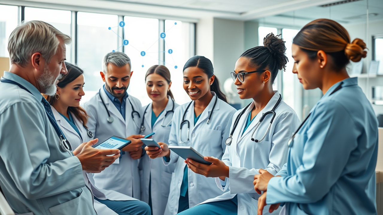 a diverse group of medical professionals—doctors and nurses of various ethnicities and ages—engaged in a collaborative discussion about social media strategies