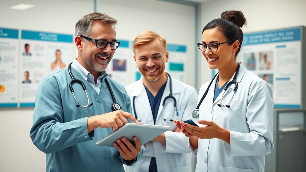 professional doctors in clinical attire discussing medical blog content, educational content for doctors blog, modern clinic background