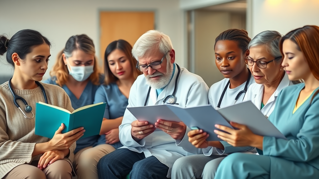 Diverse group of patients reviewing healthcare marketing materials for content marketing for medical practices in a welcoming clinic waiting area
