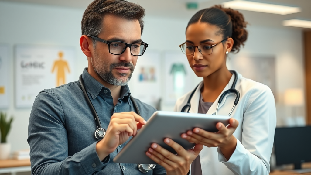 Professional healthcare marketer analyzing content marketing strategy for medical practices on a tablet, brainstorming in a medical office