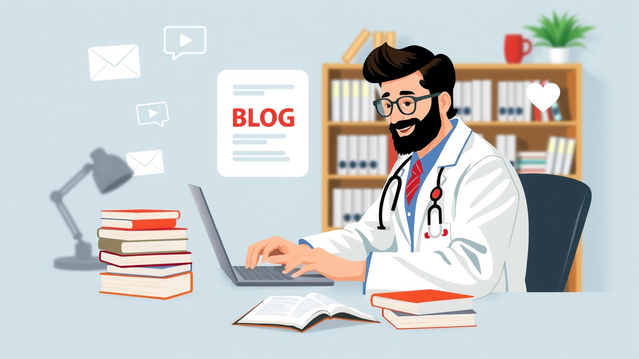 Professional healthcare marketer analyzing content marketing strategy for medical practices on a tablet, brainstorming in a medical office