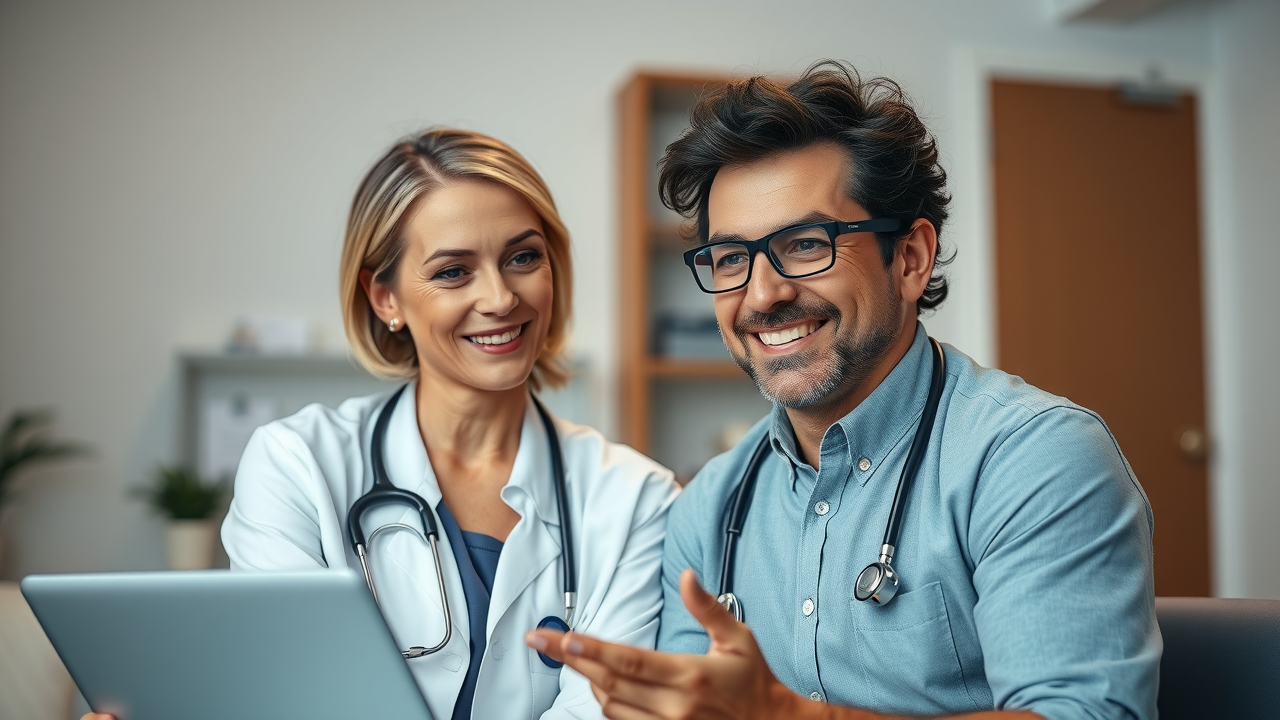 Empathetic doctor sharing a patient success story on social media for healthcare marketing