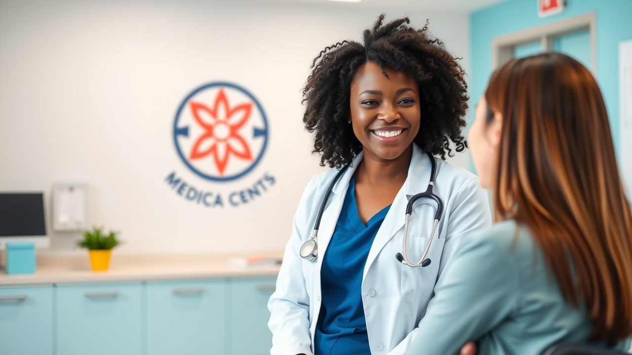 Doctor speaking with patient in a bright, well-branded medical office with consistent color schemes, logo on wall, and friendly atmosphere