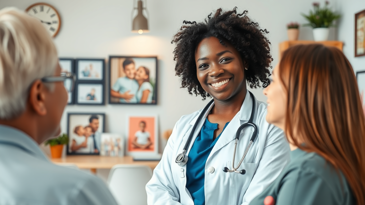 Doctor speaking kindly with a patient in a cozy, home-like clinic environment with family photos and personalized branding elements.