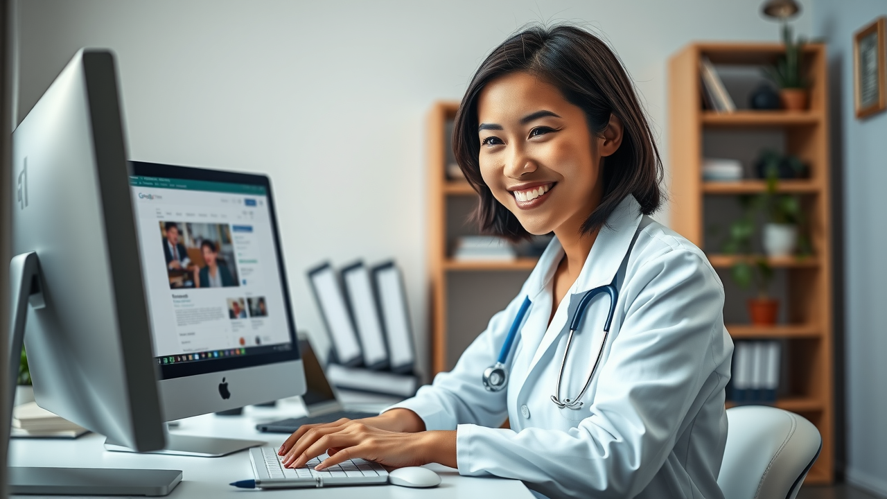 medical administrator updating Google Business Profile for local SEO and online presence