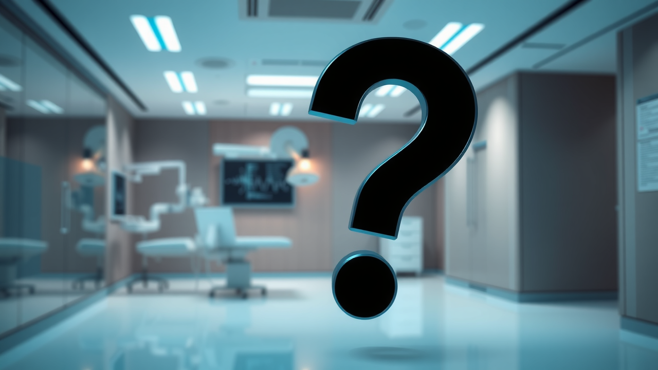 big question mark in modern medical office background with subtle digital interface elements