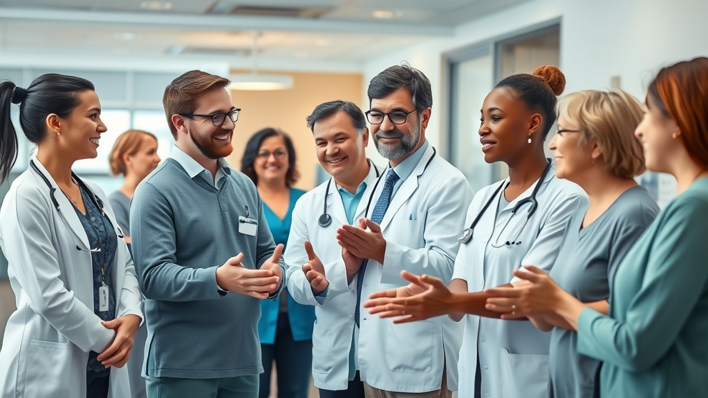 Compelling healthcare clinic showing staff interacting with diverse patients to boost patient engagement and reactivation.
