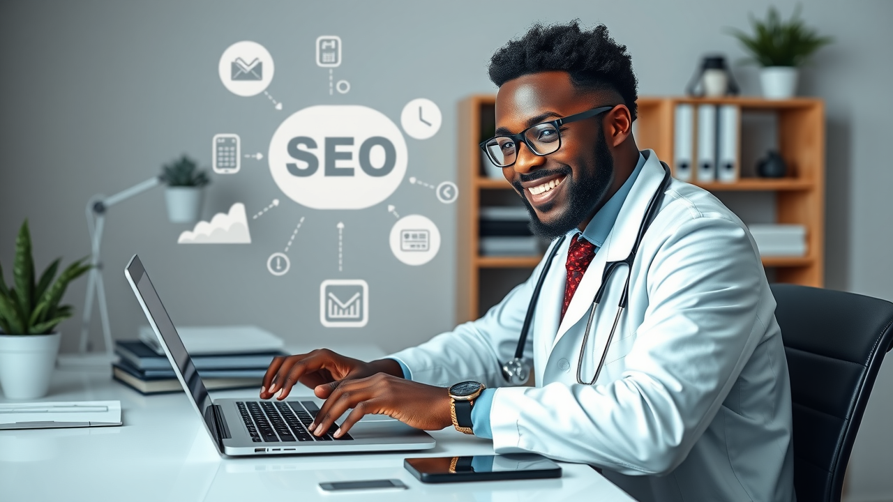doctor writing a blog post at a desk, surrounded by icons representing local SEO: map pins, Google logo, keywords, analytics