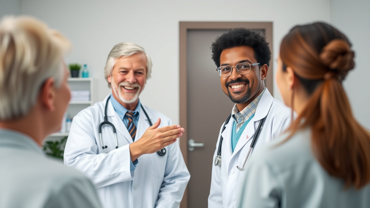Family doctors recording a friendly, informative video message in their clinic, showcasing approachable brand tone and visuals.