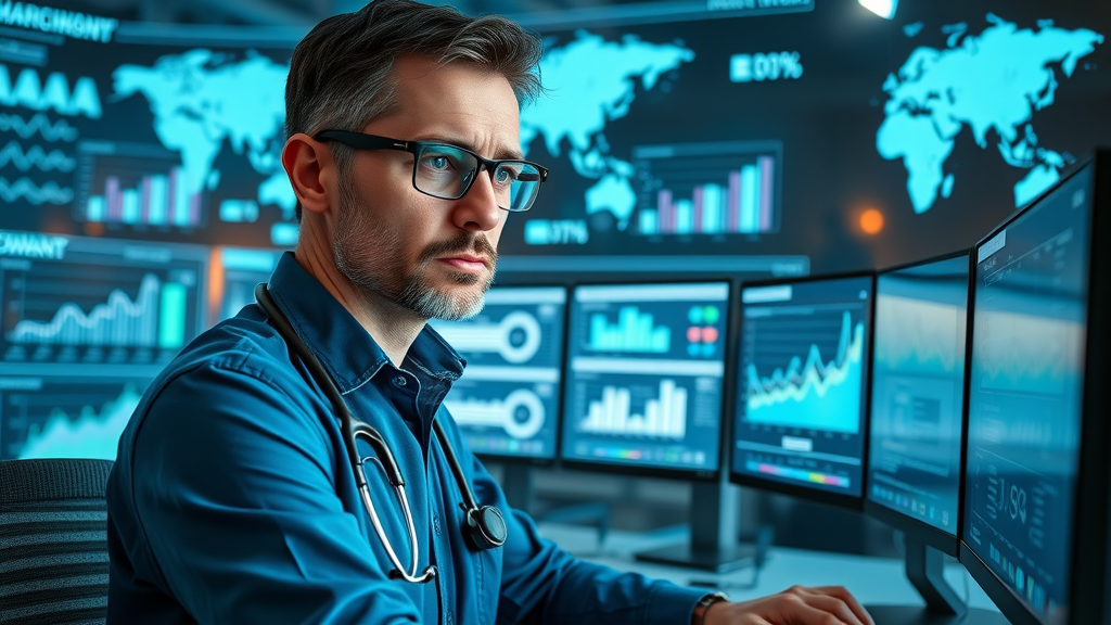 Healthcare marketer analyzing social media analytics dashboards for media in healthcare strategy