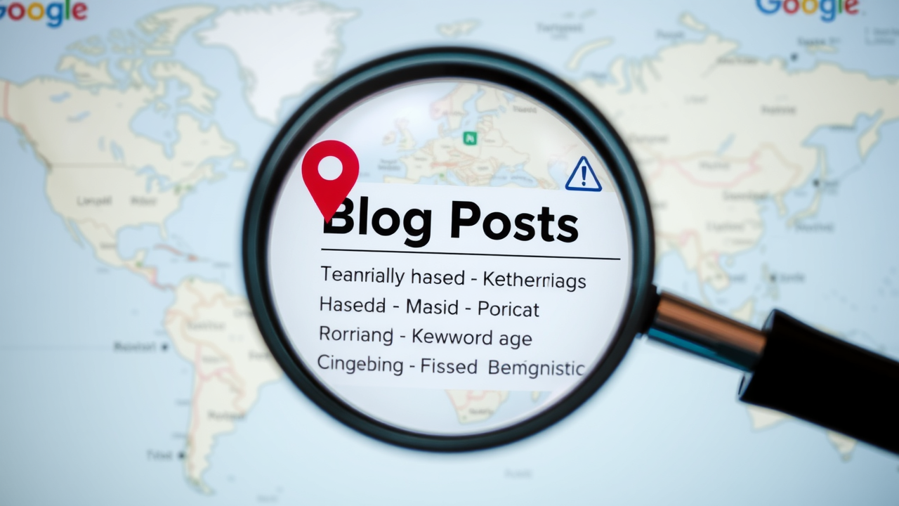 A magnifying glass over a digital map, zooming in on a blog post with location-based keywords and tags – symbolic of local search visibility