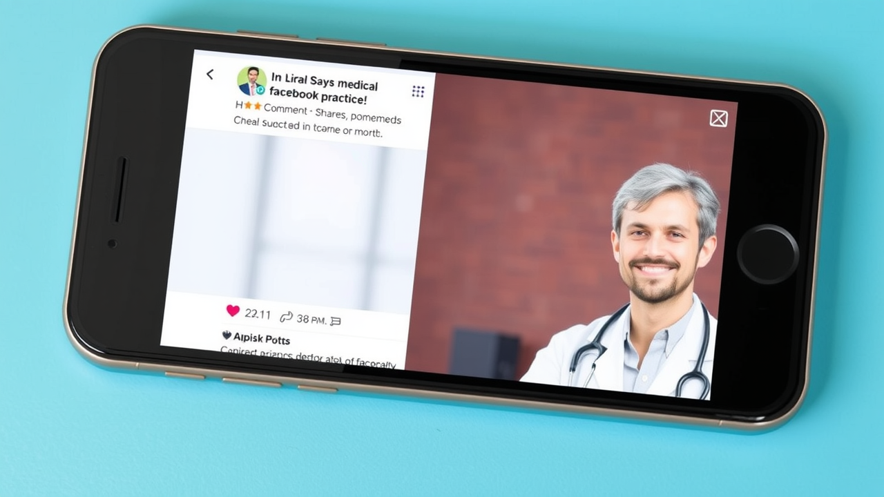 A phone screen showing a medical practice’s Facebook post with high engagement — hearts, comments, shares — and a smiling doctor in the post image.