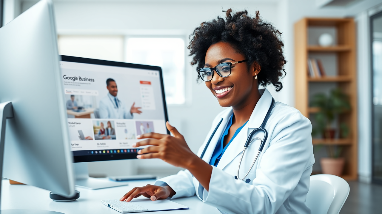 A woman doctor in a modern office optimizes her clinic’s Google Business Profile for local SEO for medical providers.