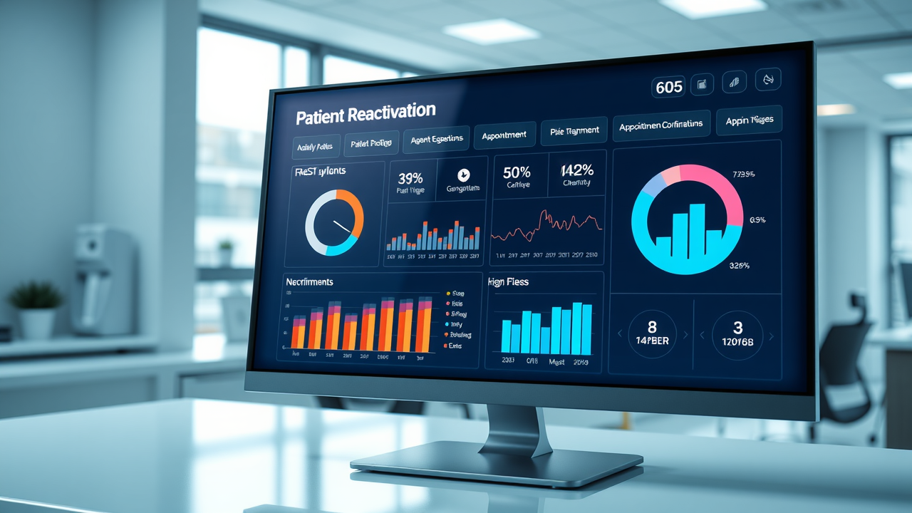 Medical dashboard on a computer screen showing patient reactivation statistics and appointment confirmations