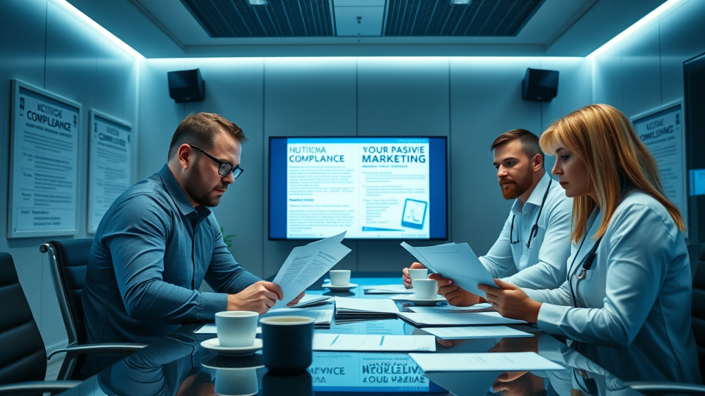 healthcare marketing team reviewing compliance documents for patient acquisition digital marketing success in a boardroom